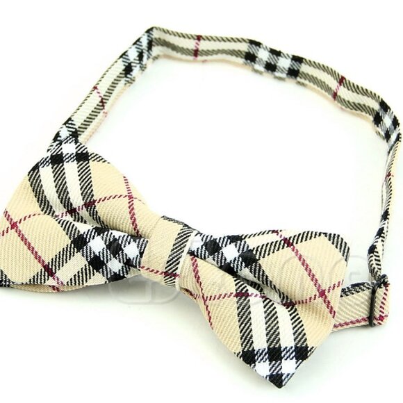 New Plaid Khaki Adjustable Bow Tie Men Boy - Picture 3 of 4